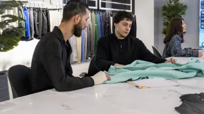 Two quality control team members carefully inspecting the fabric and stitching of a light green hoodie at a sampling table.