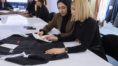 Quality control specialists at Istanbul Factory cross-referencing a finished black garment with its technical specification sheet.