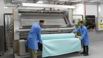 Two factory workers loading a large roll of light blue fabric into a fabric relaxing and inspection machine.