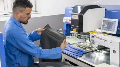 Technician at Istanbul Factory using a specialized testing machine to verify the quality of a black garment component.
