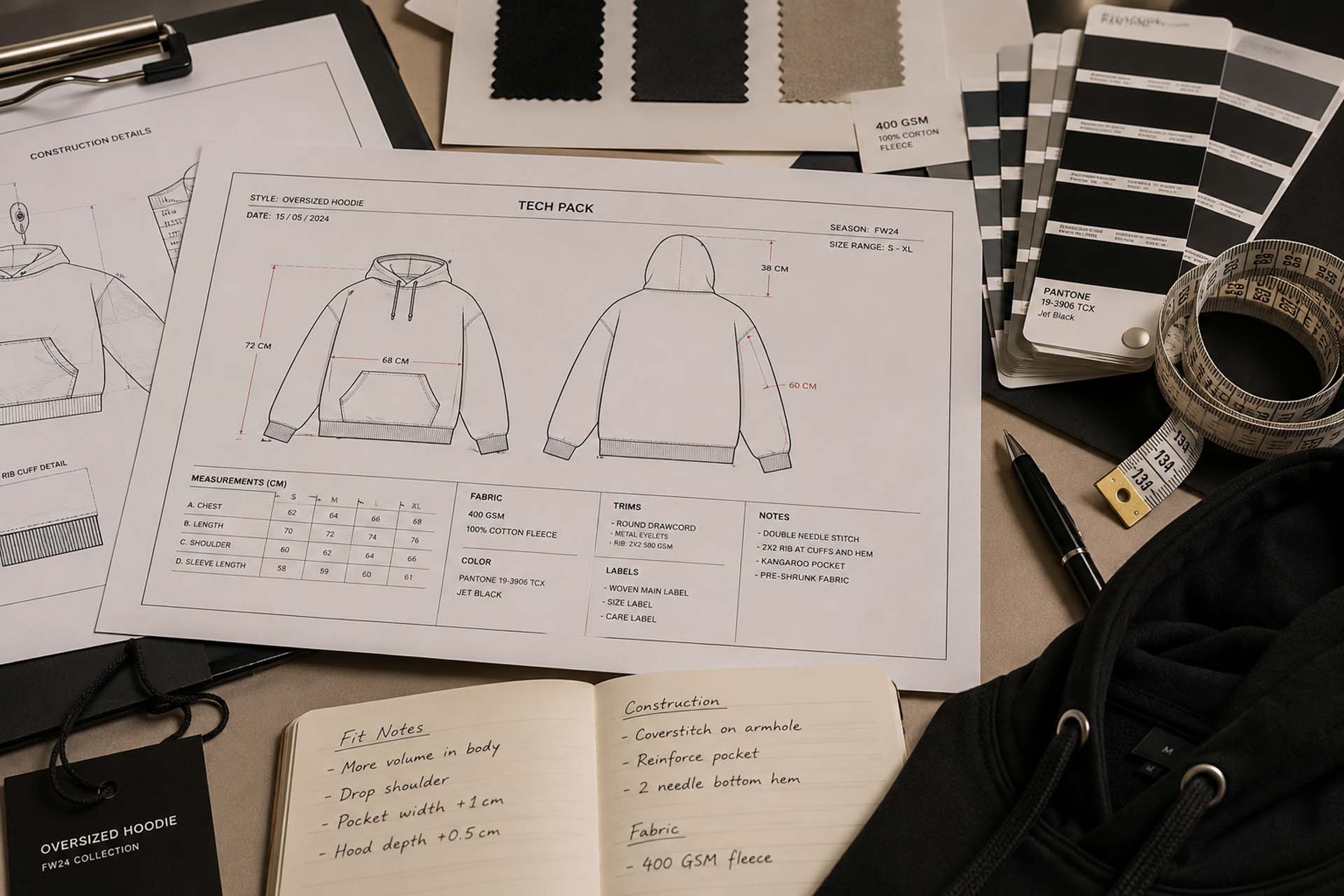 Close-up editorial shot of a detailed tech pack beside garment measurements and production notes