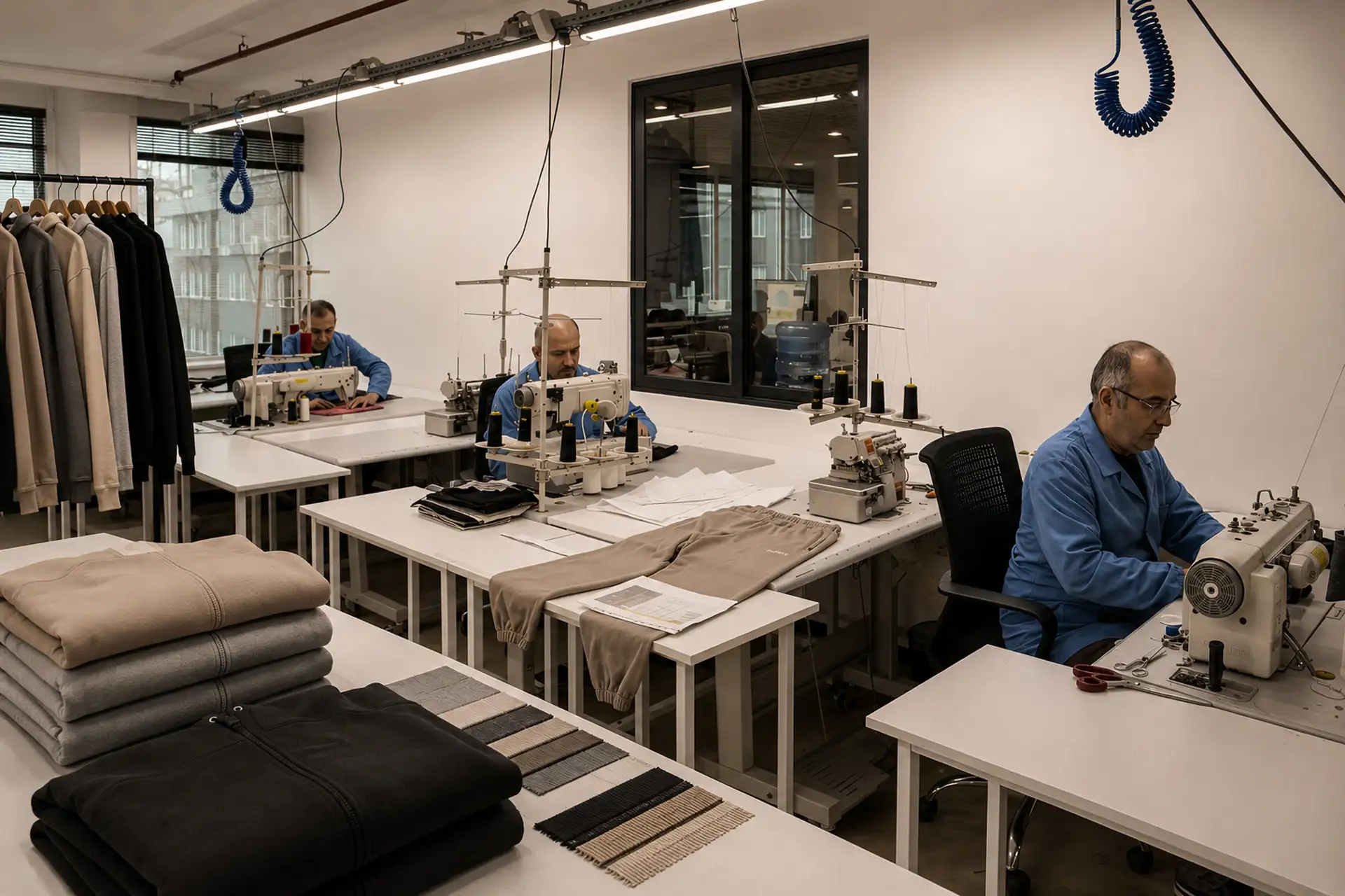 Large textile production floor with fabric rolls, sewing lines, workers operating machines, organized workflow_