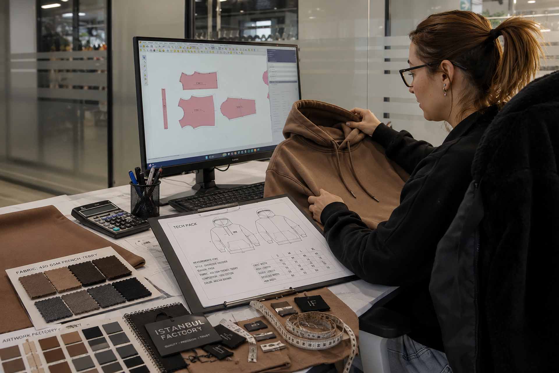 A designer or production specialist reviews a sample of the Beast Technology Pack hoodie