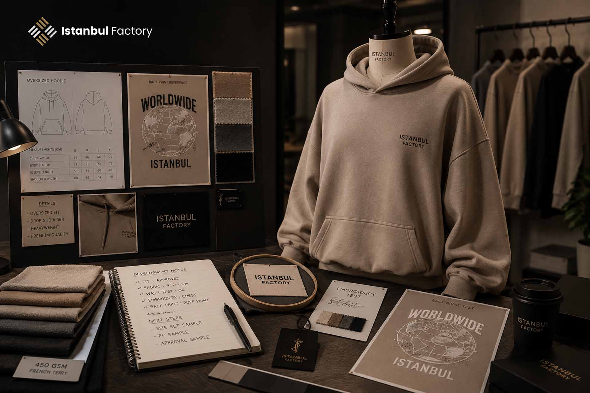 Oversized hoodie sample on mannequin, next to it back print reference, embroidery test, fabric swatches, and written notes