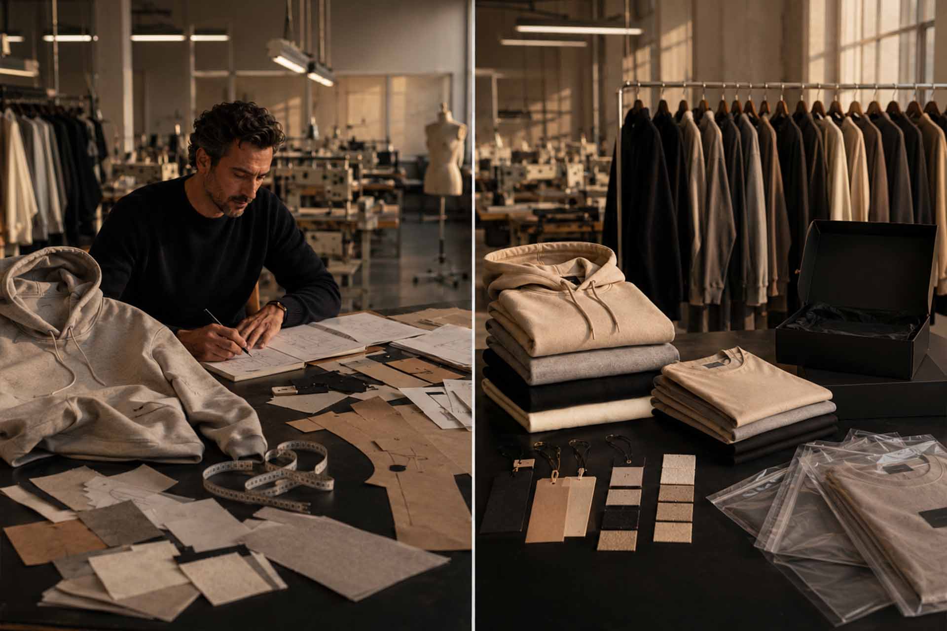 Private label manufacturing starts from an existing product foundation. Custom clothing manufacturing starts from your original product idea.