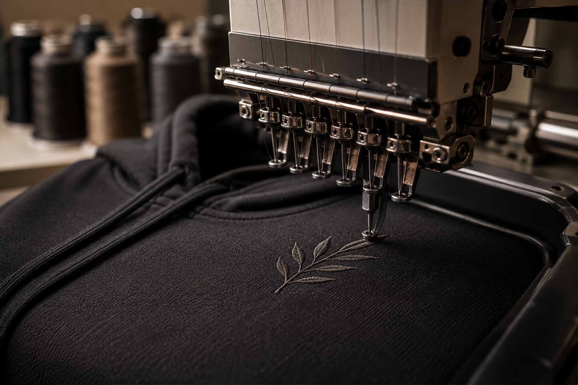 Close-up of a tonal embroidered logo on a premium heavyweight streetwear hoodie