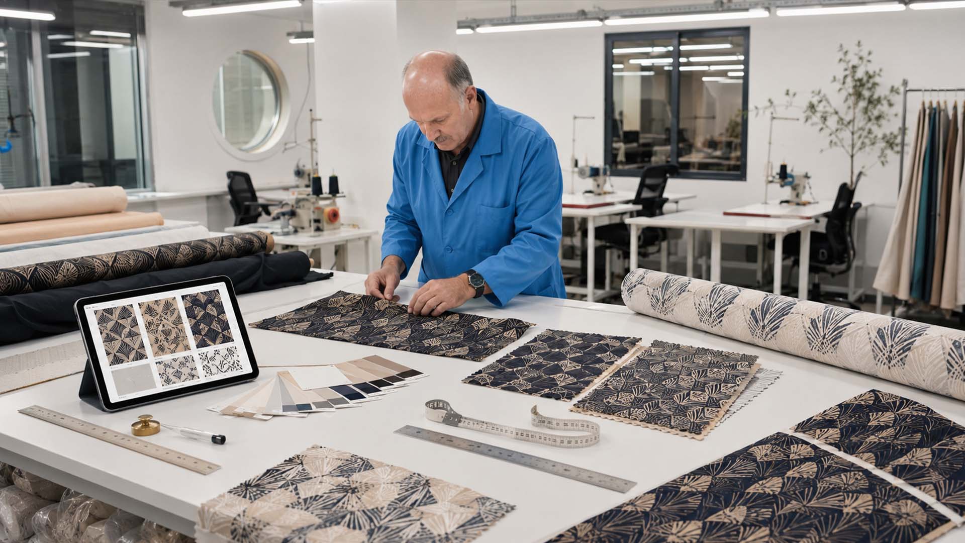 Custom fabric pattern repeat development with printed textile samples and digital artwork in a professional clothing factory
