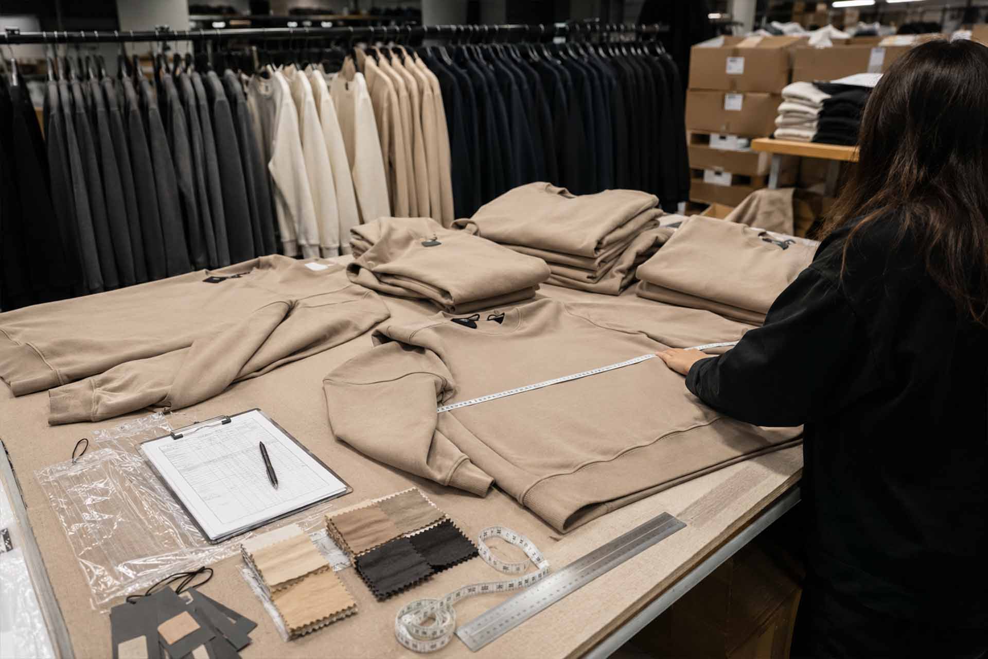 Garment quality control inspection before packaging at a clothing factory in Istanbul
