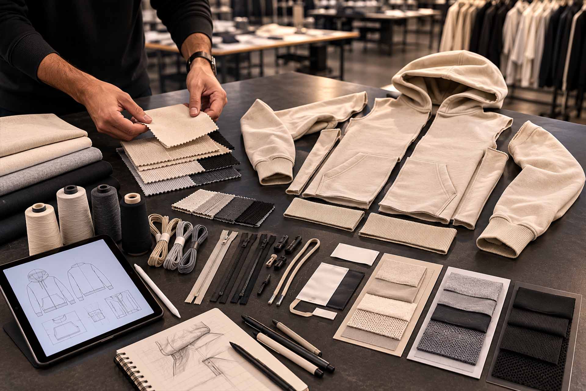 Hoodie components, mono-material fabric options and removable trims arranged for circular clothing design and future recycling