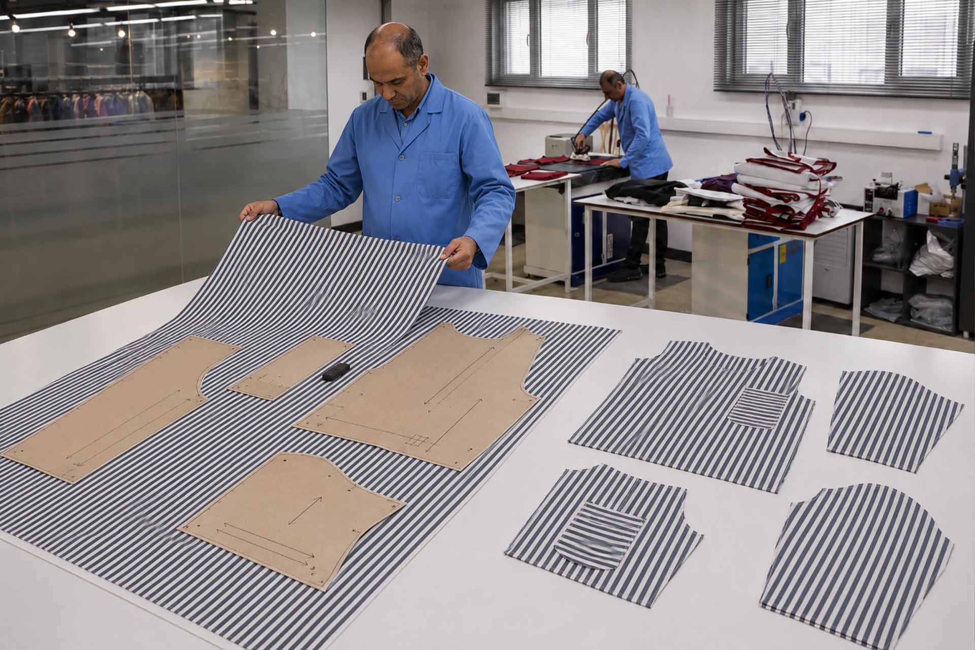 Printed fabric panels aligned for accurate cutting and sewing to prevent pattern distortion in garment production.