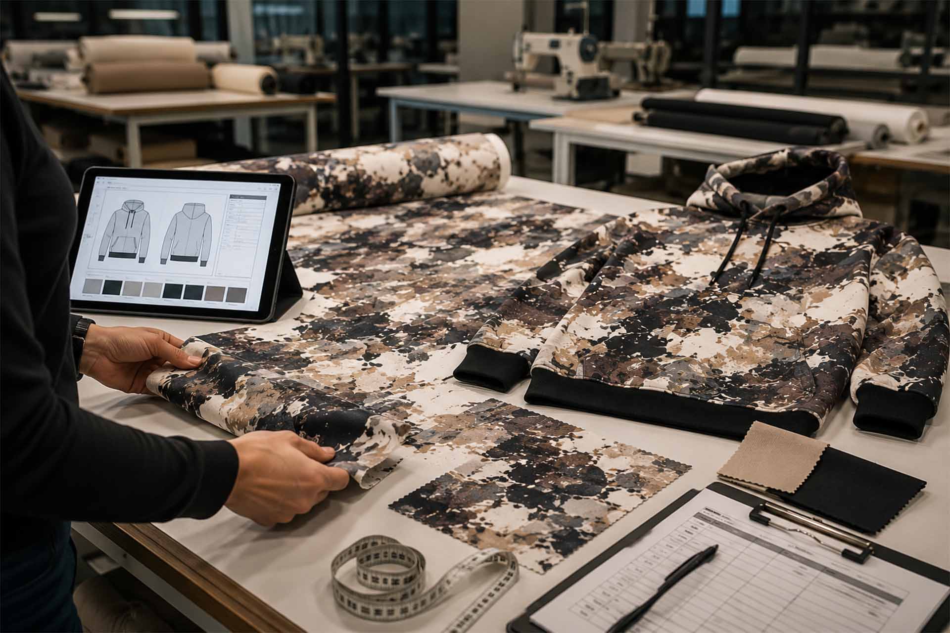 Printed fabric strike-off and garment sample being inspected before custom textile bulk production