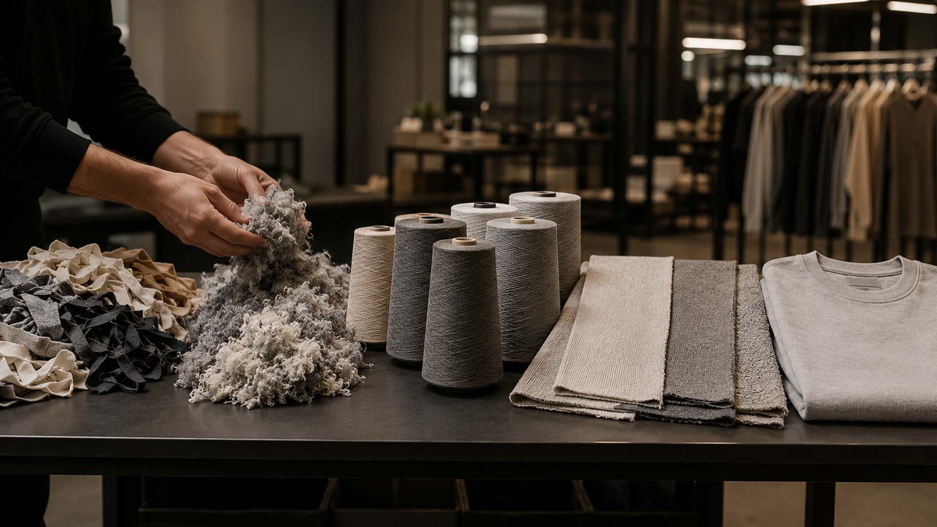 Textile waste, recycled cotton fibers, yarn cones and finished fabric samples arranged on a clothing factory development table.
