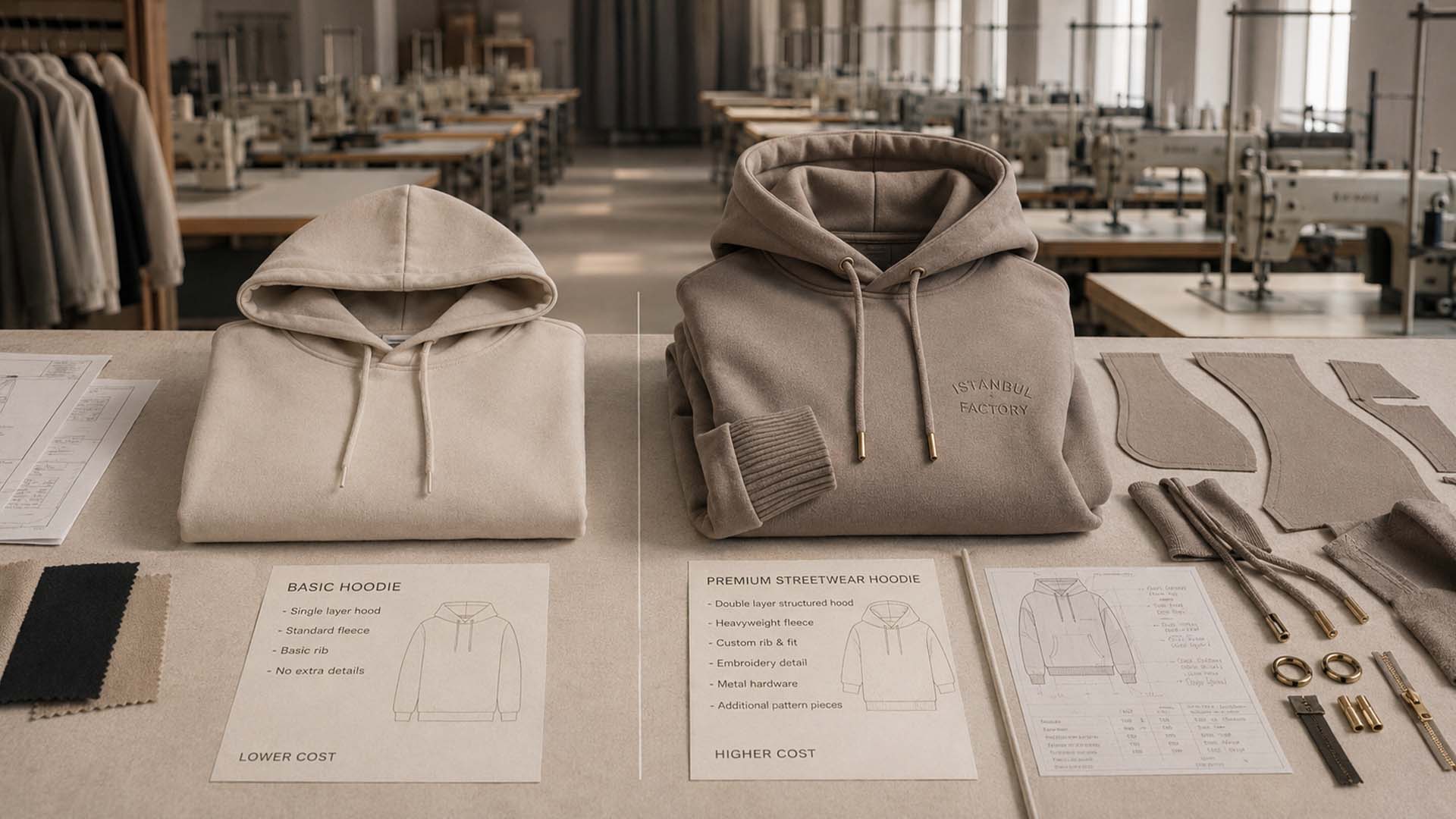 Basic hoodie and premium streetwear hoodie showing different manufacturing complexity