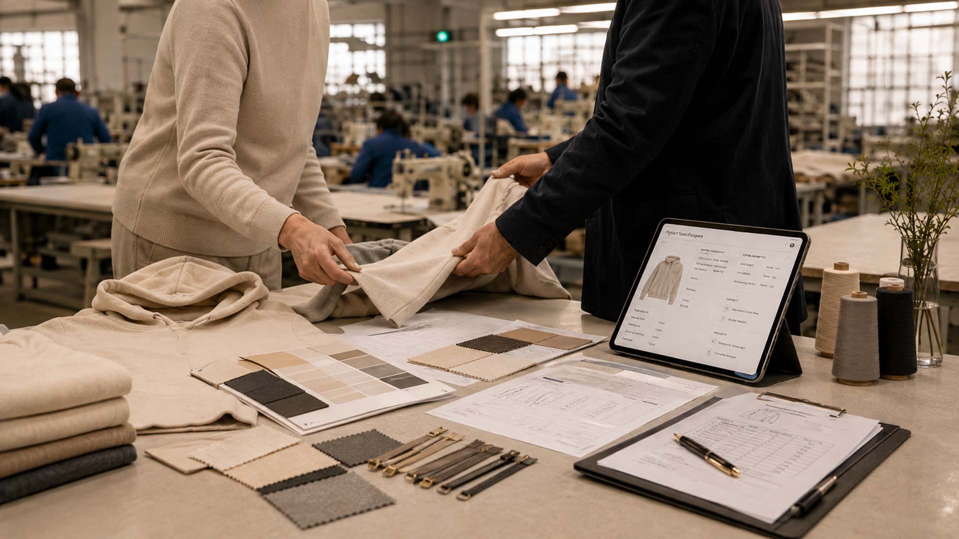 Brand and manufacturing team reviewing garment samples and production documents inside a textile factory