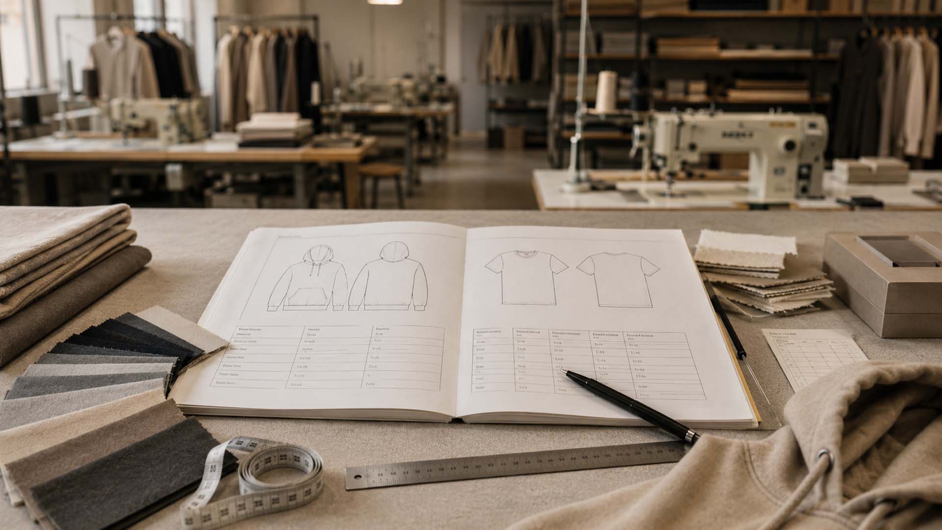 Clothing tech pack with garment sketches and fabric samples for fashion production