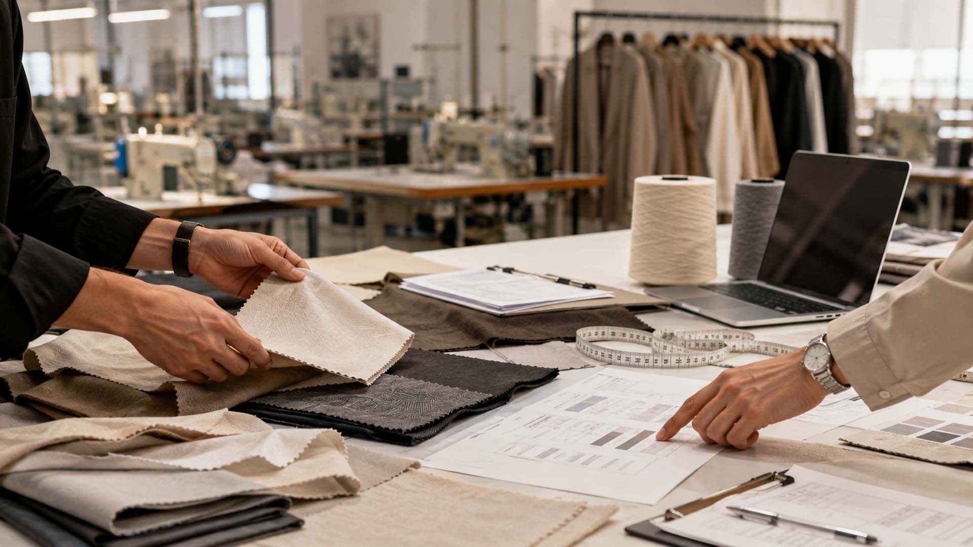 Fashion brand reviewing certified fabric samples and production documents with a clothing supplier