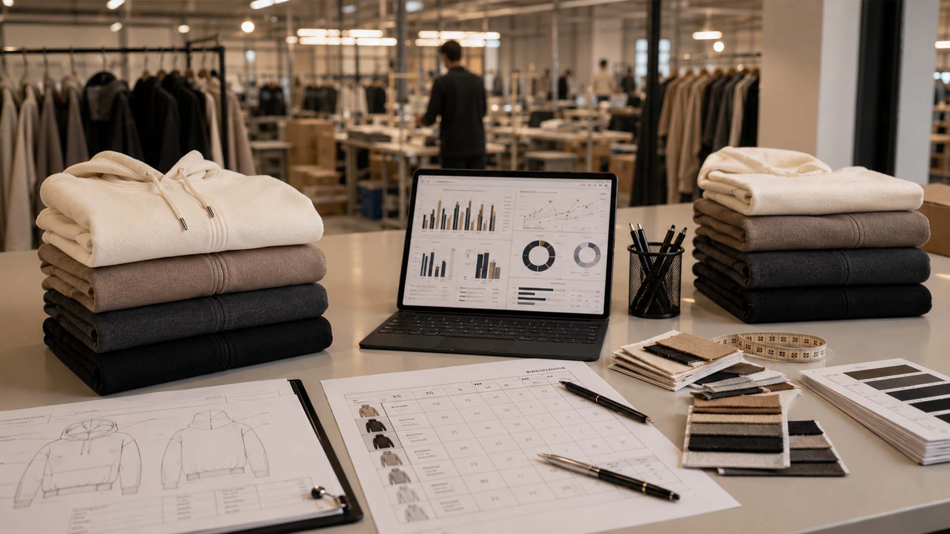 Fashion brand reviewing hoodie sales data by style, colour and size before scaling private label production