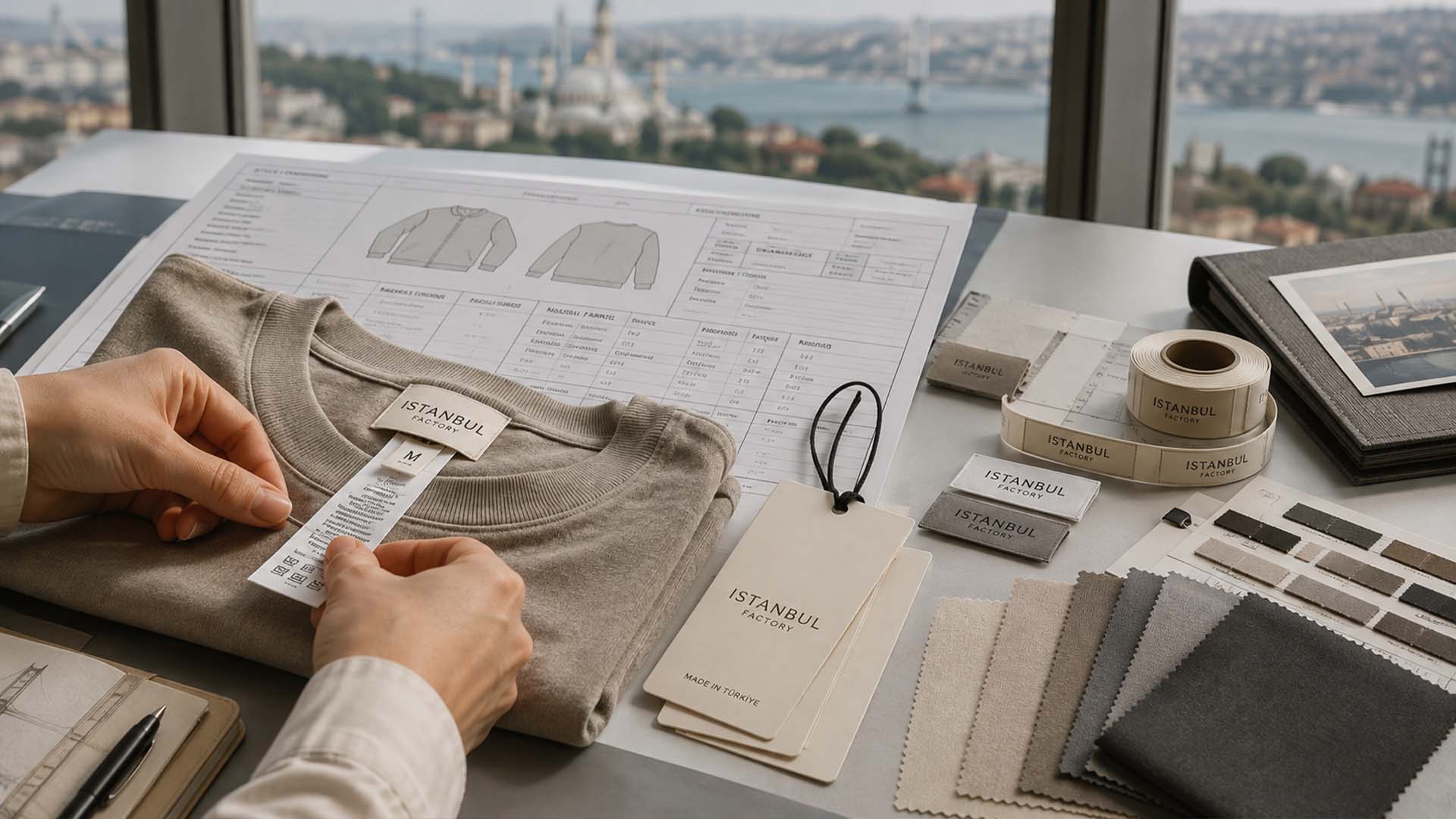 Final garment label approval with fabric swatches and tech pack before bulk clothing production