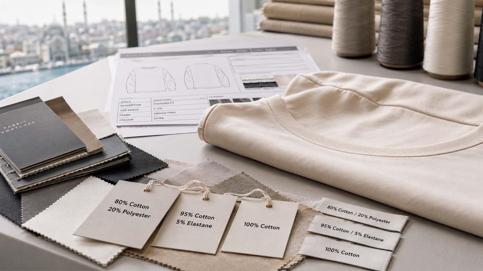 Garment fibre composition labels showing cotton, polyester and elastane percentages during clothing production