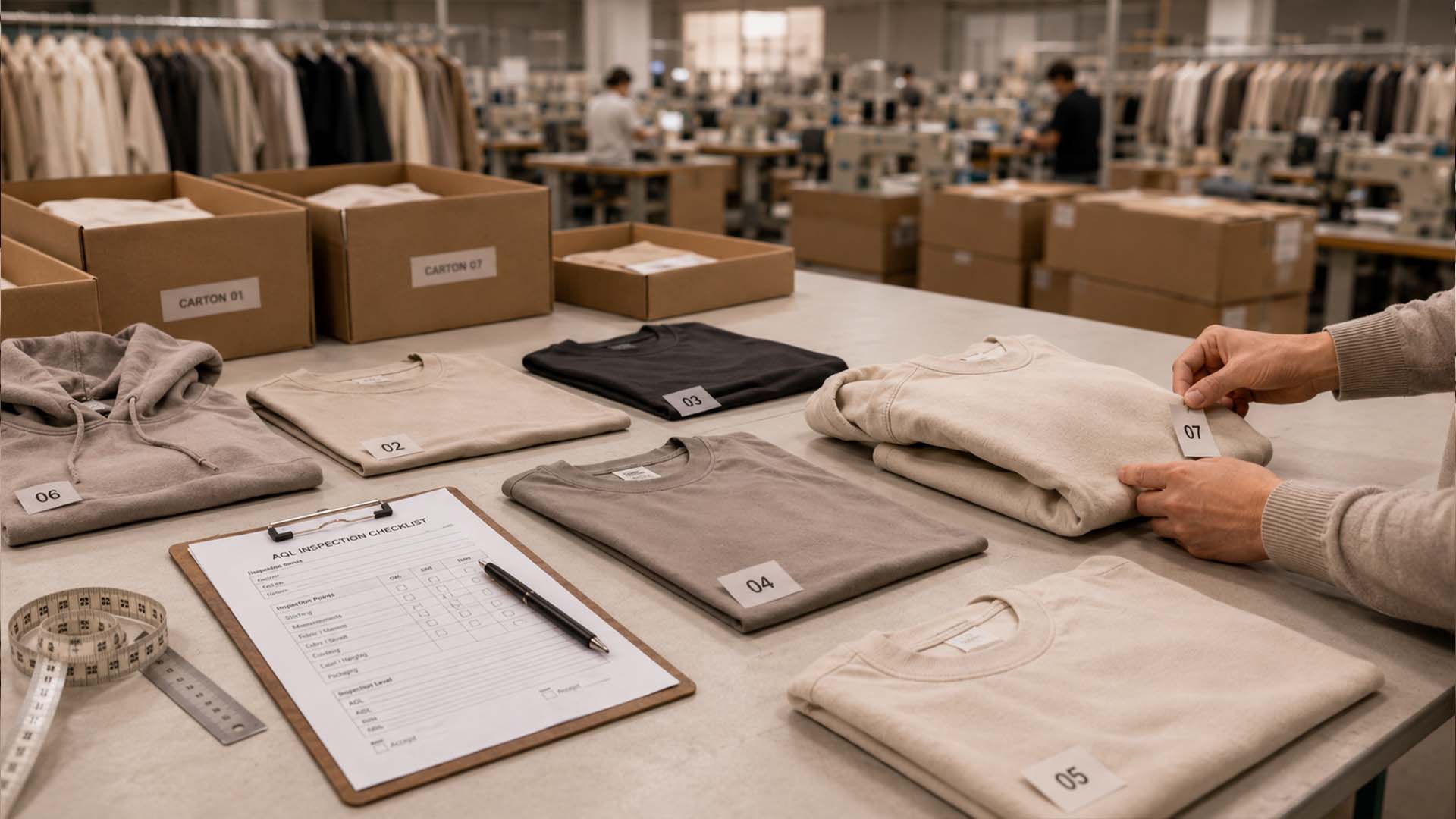 Random garment samples selected for AQL inspection in a clothing factory