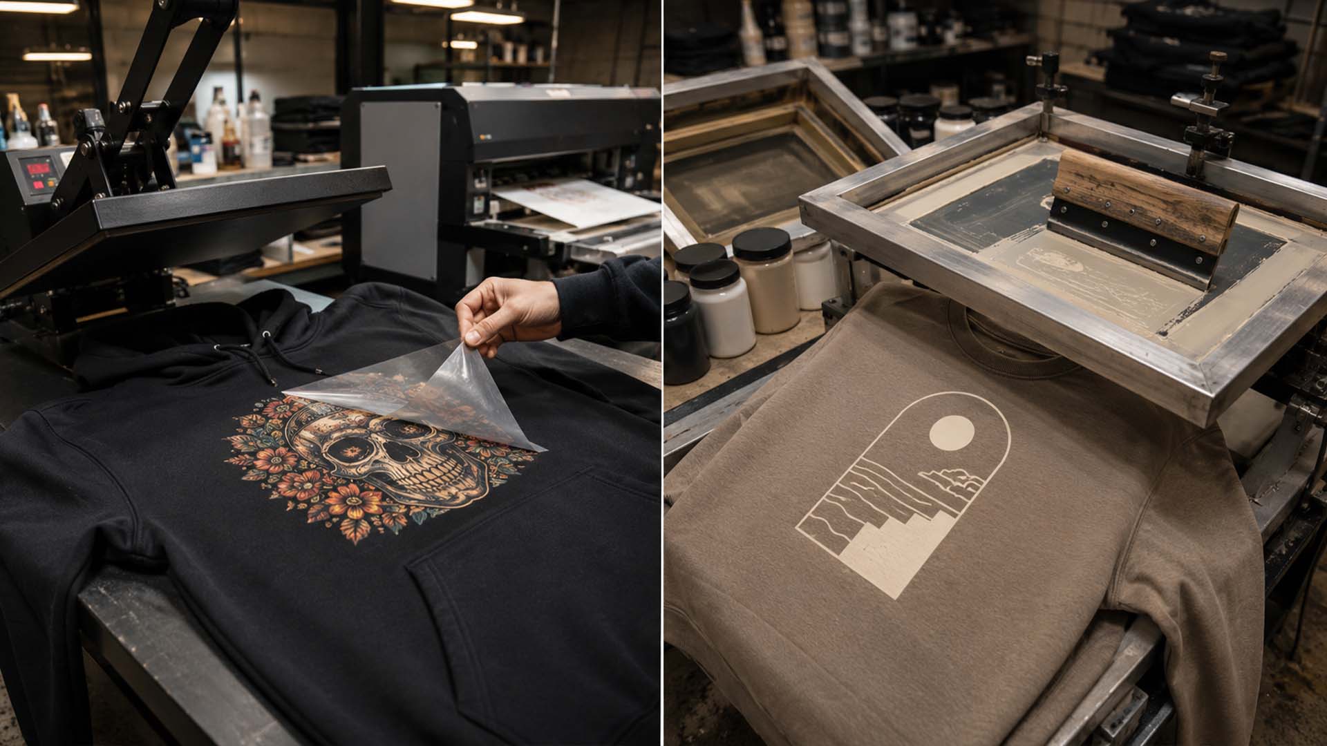Side-by-side comparison of DTF printing and screen printing on premium garments in a professional clothing production workshop