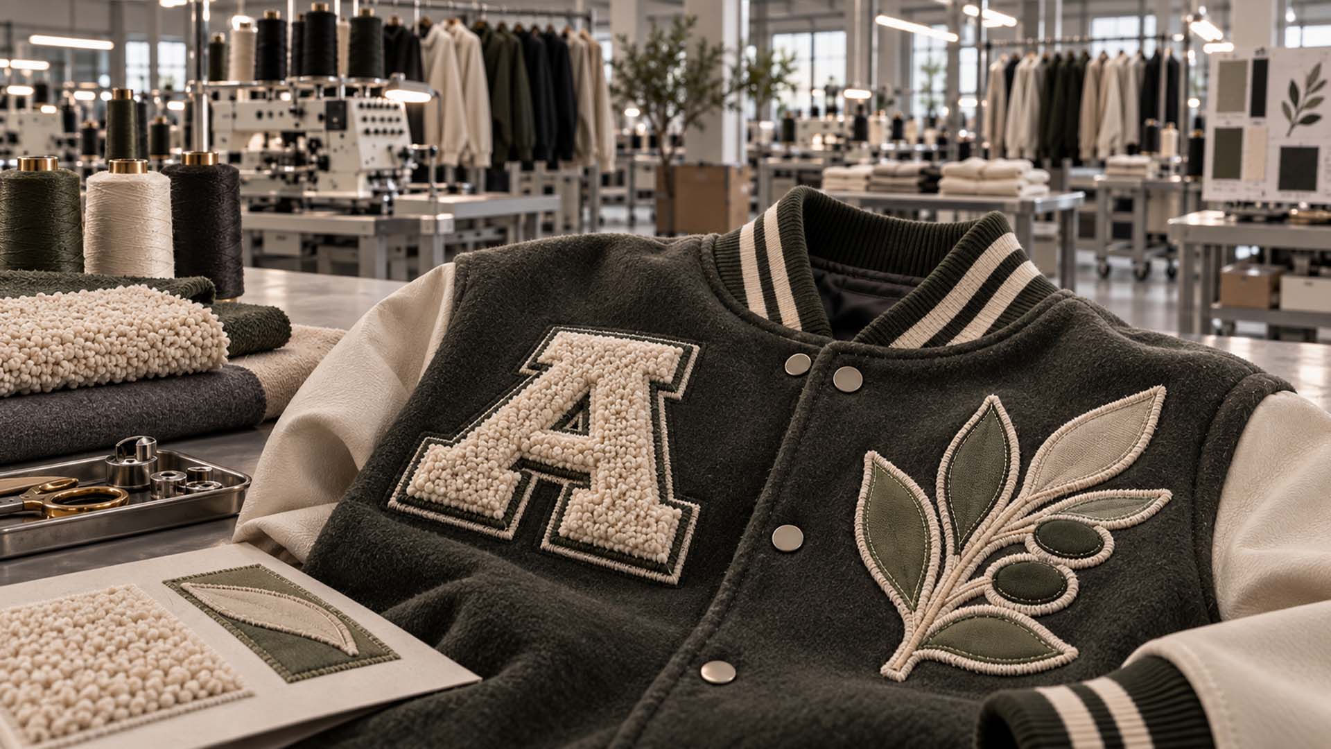 Chenille and appliqué embroidery details on a premium varsity jacket