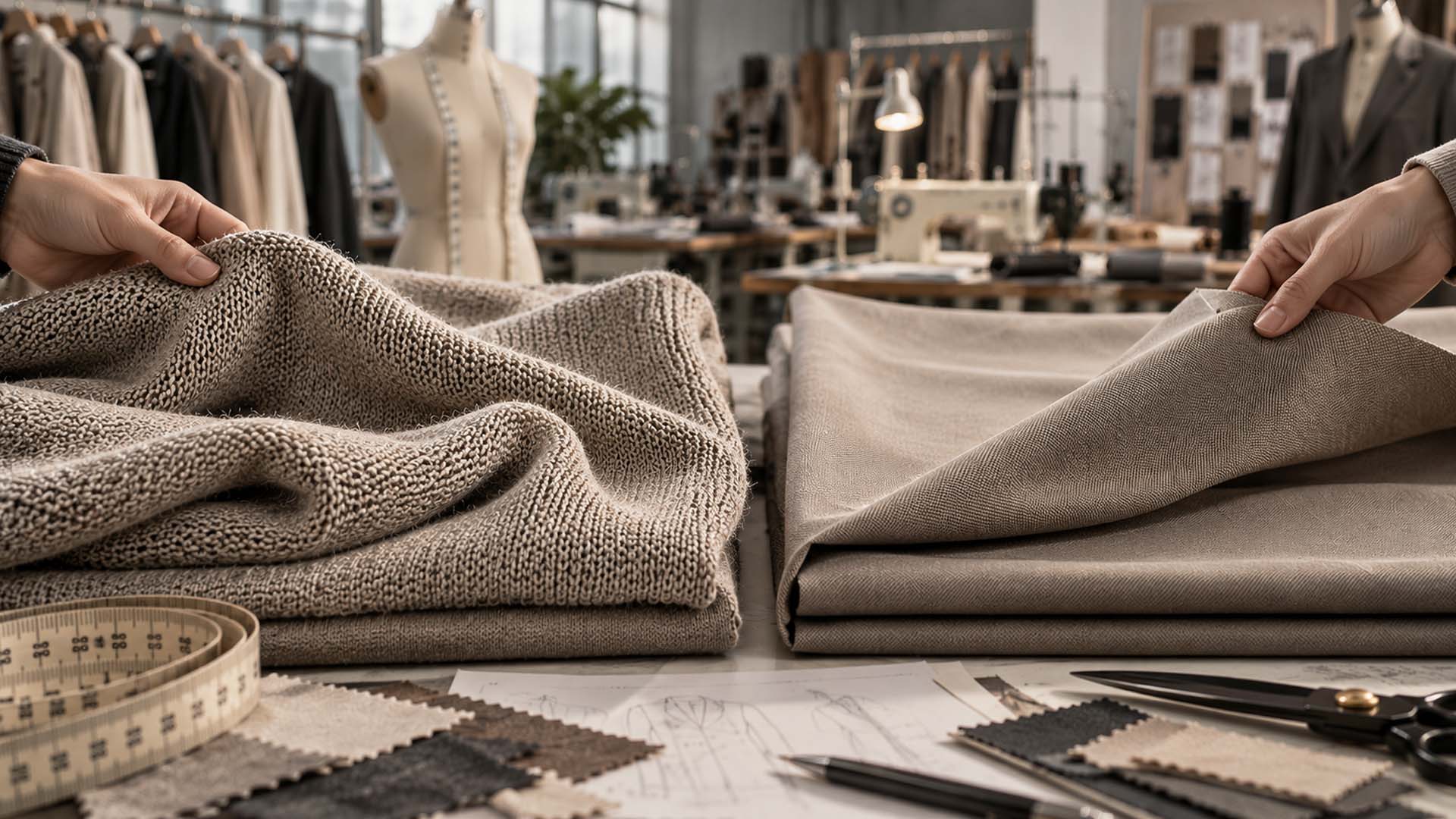 Close-up comparison of knit and woven fabrics showing different textile structures in a garment factory