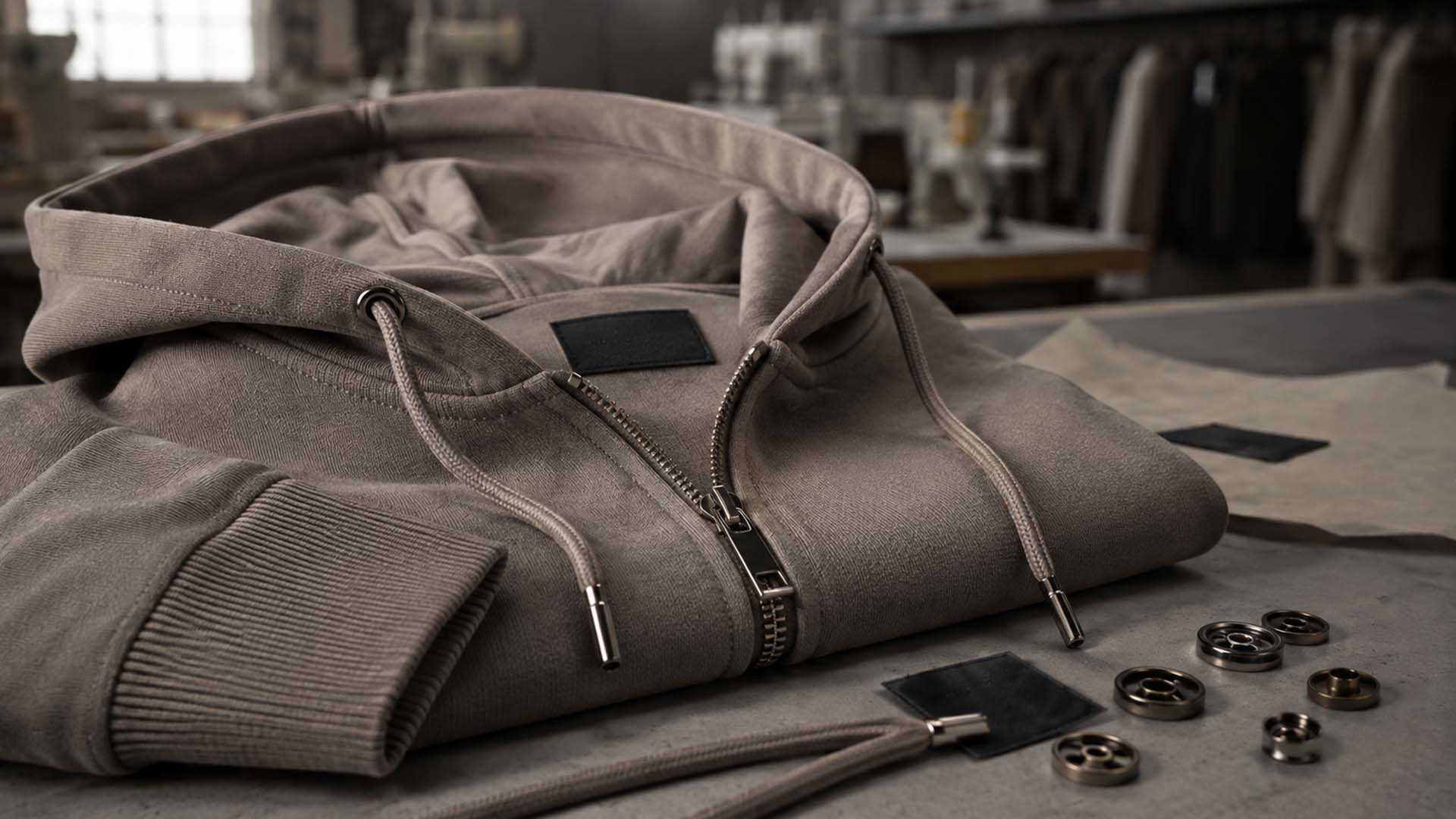 Close-up of premium garment trims and accessories including zipper, drawcords, eyelets, woven labels and rib on a hoodie.
