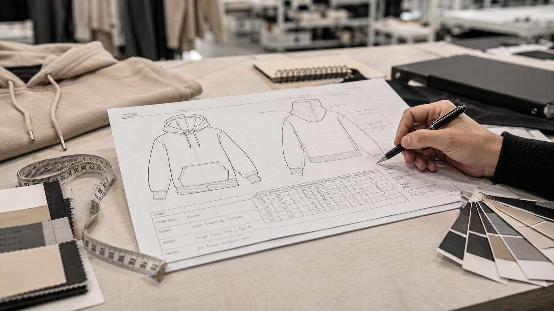 Clothing tech pack with garment measurements, fabric swatches and hoodie specifications