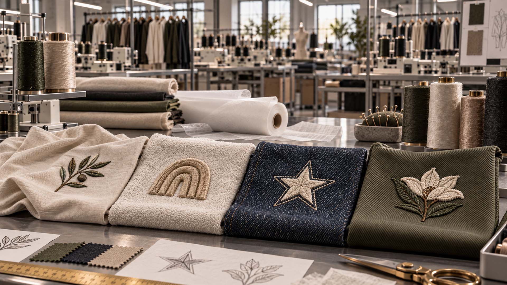 Embroidery samples on jersey, French Terry, denim and twill fabrics