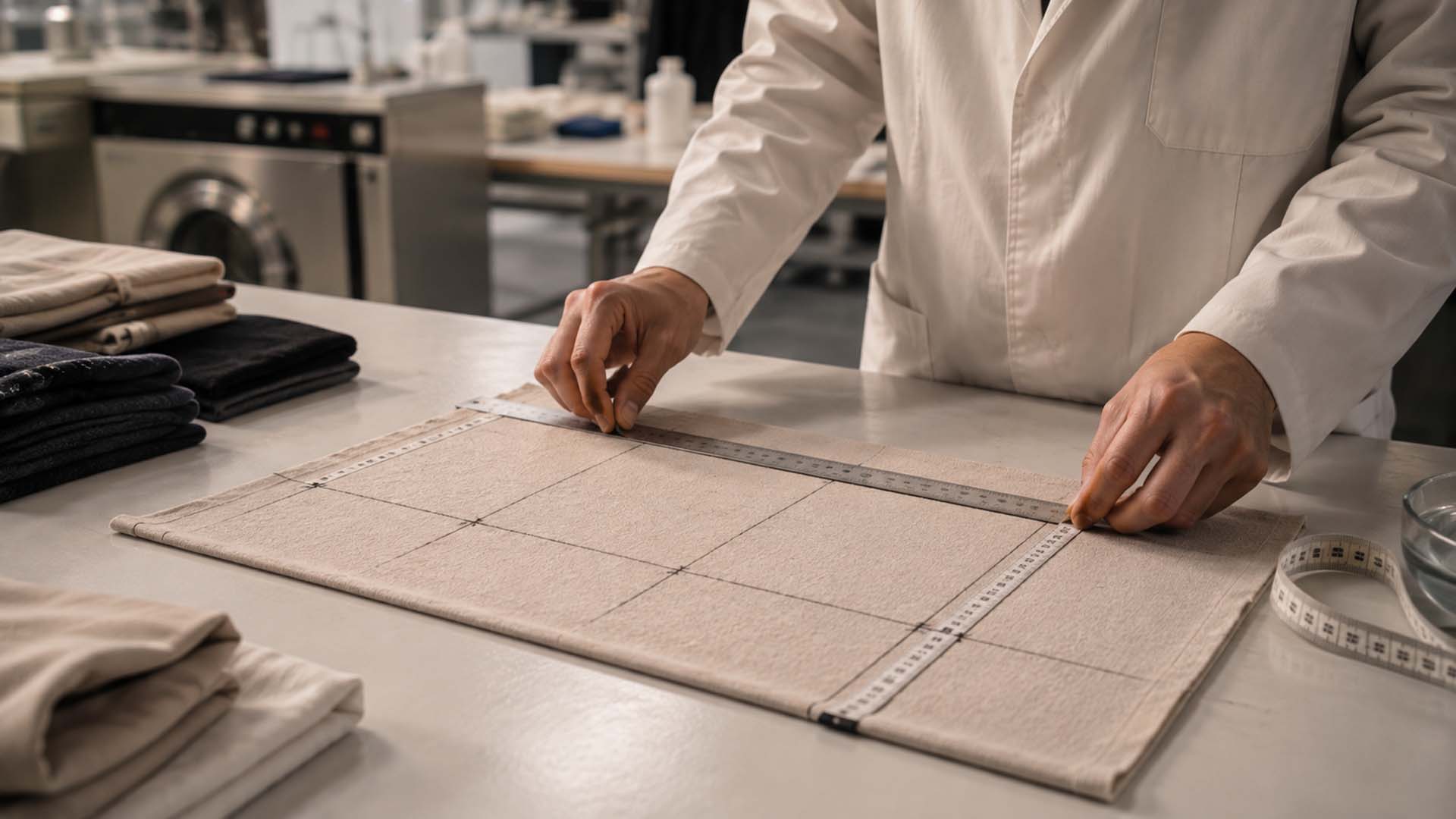 Fabric shrinkage test measuring fabric length and width before washing in a clothing factory