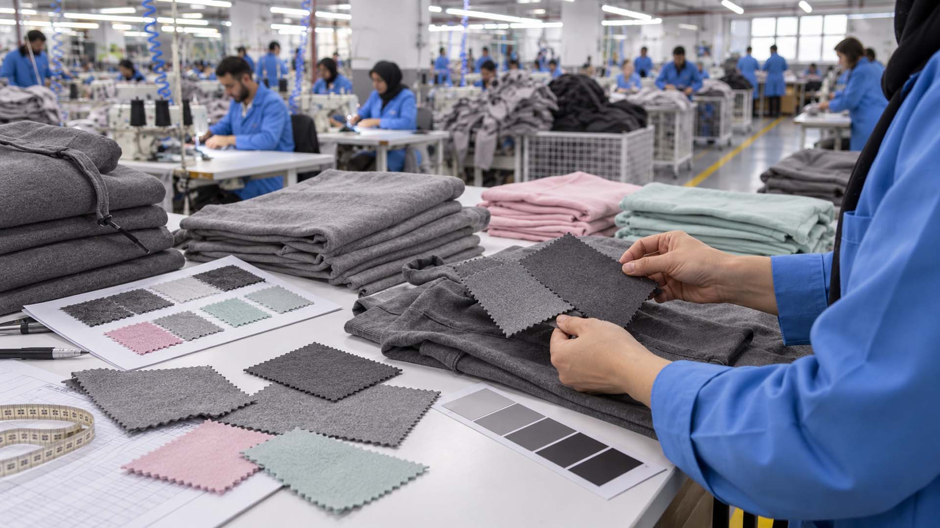 Fabric swatches and approved color references checked for consistency between garment reorders