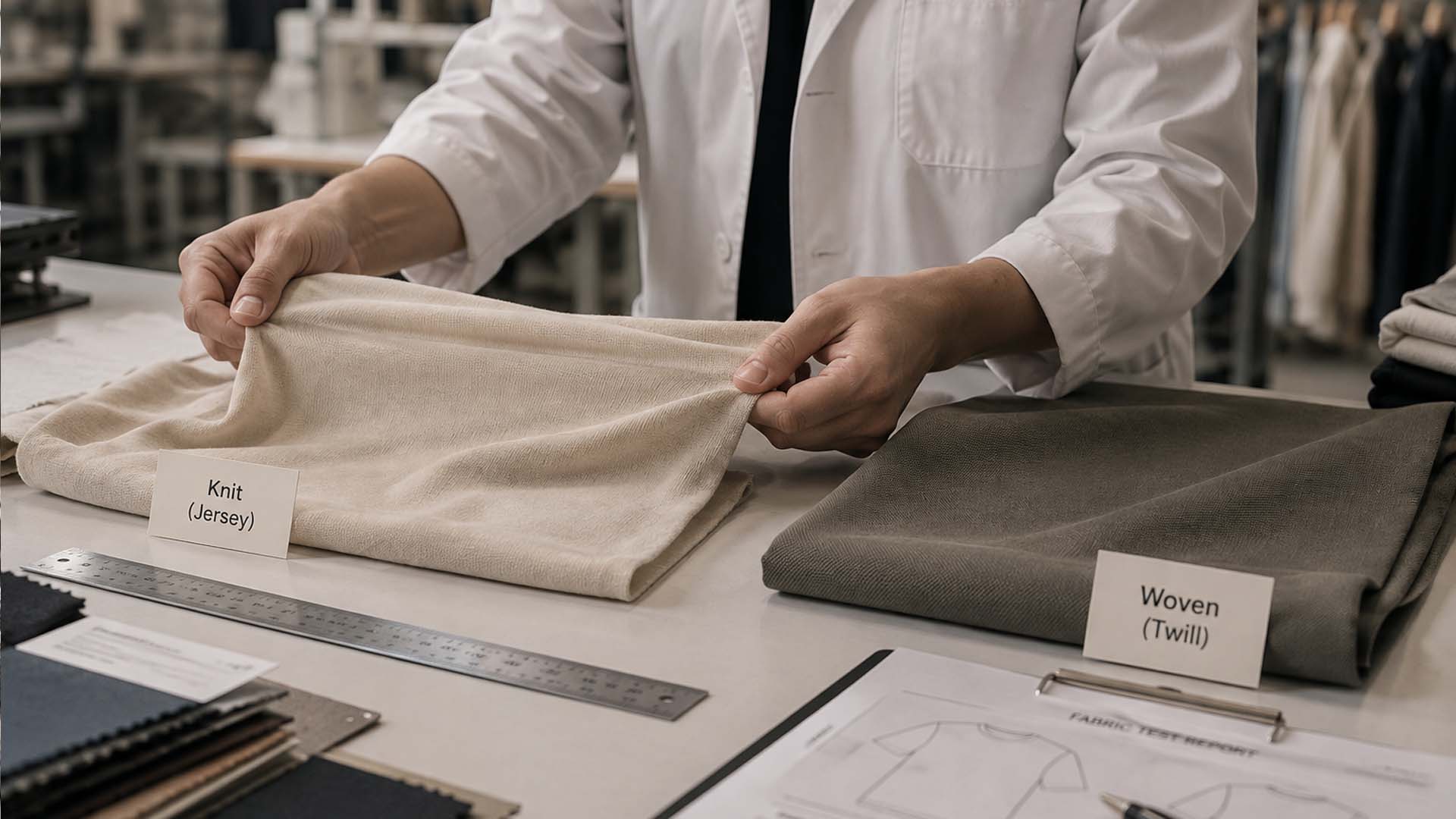 Factory technician comparing stretch and recovery of knit jersey and woven fabric during quality testing