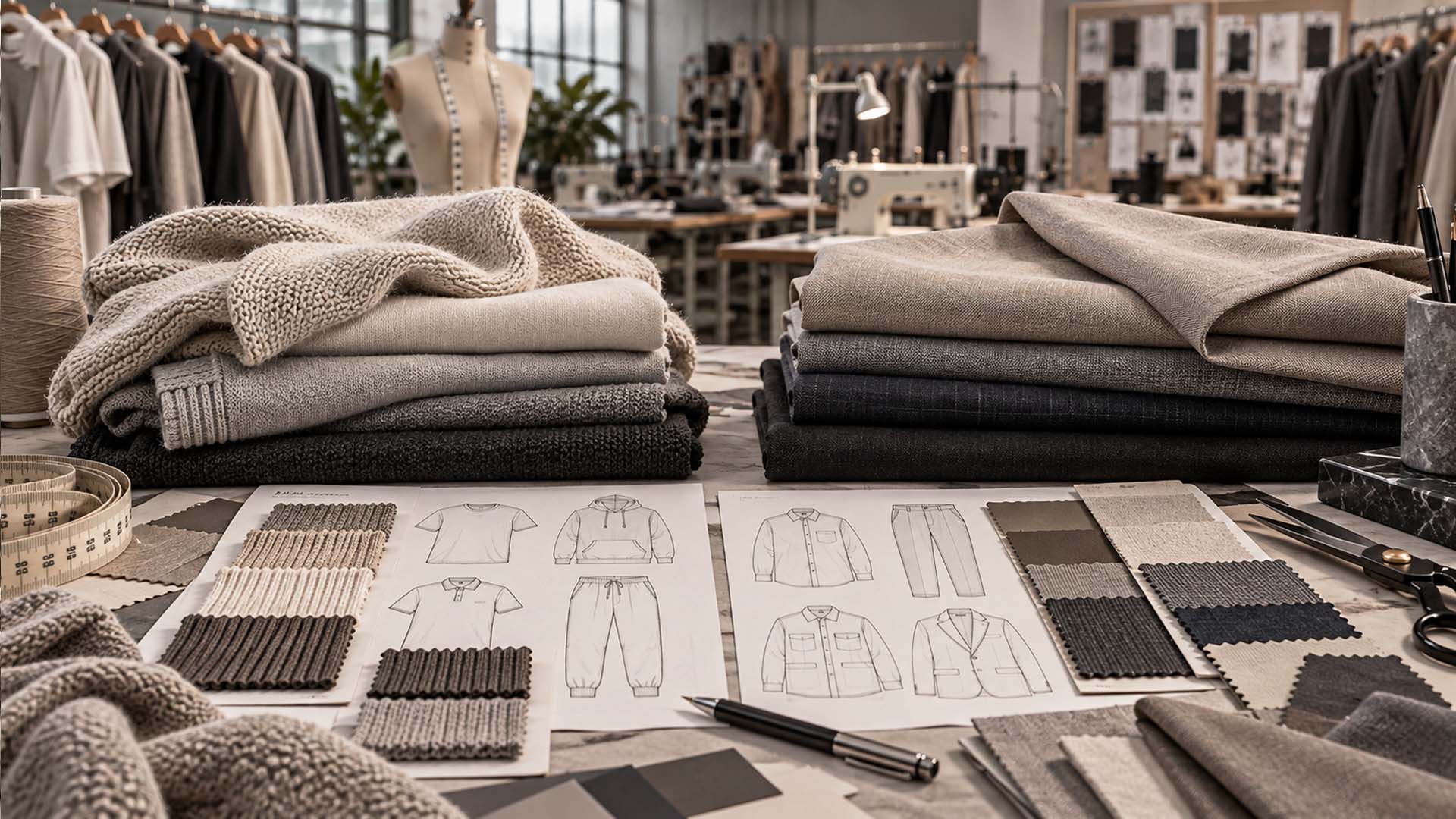 Fashion product development table with knit and woven fabric swatches matched to different garment designs