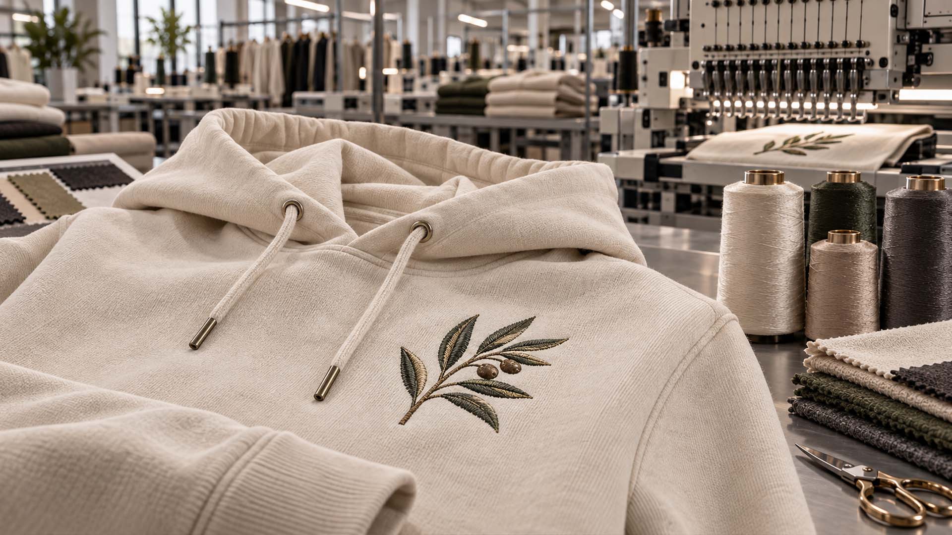Flat embroidery on a premium heavyweight hoodie in a clothing factory