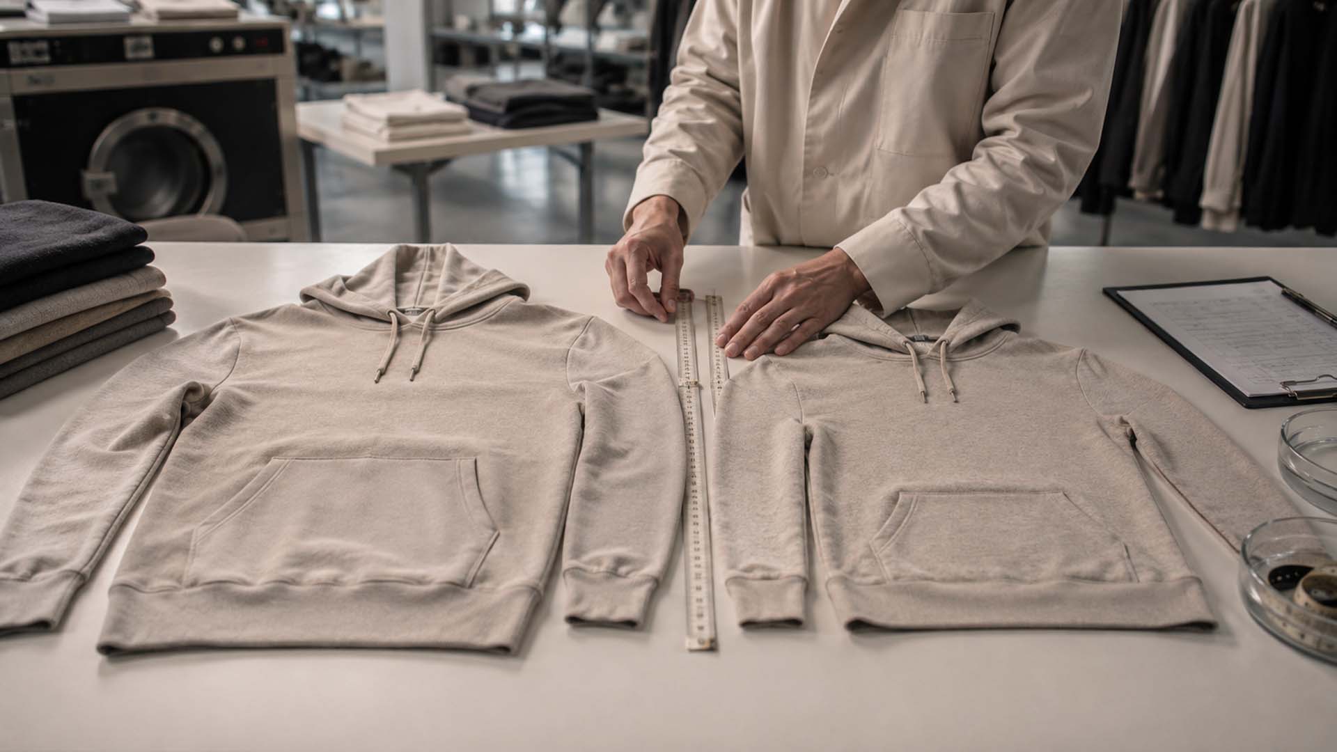 Garment fit comparison showing how fabric shrinkage changes body and sleeve measurements after washing
