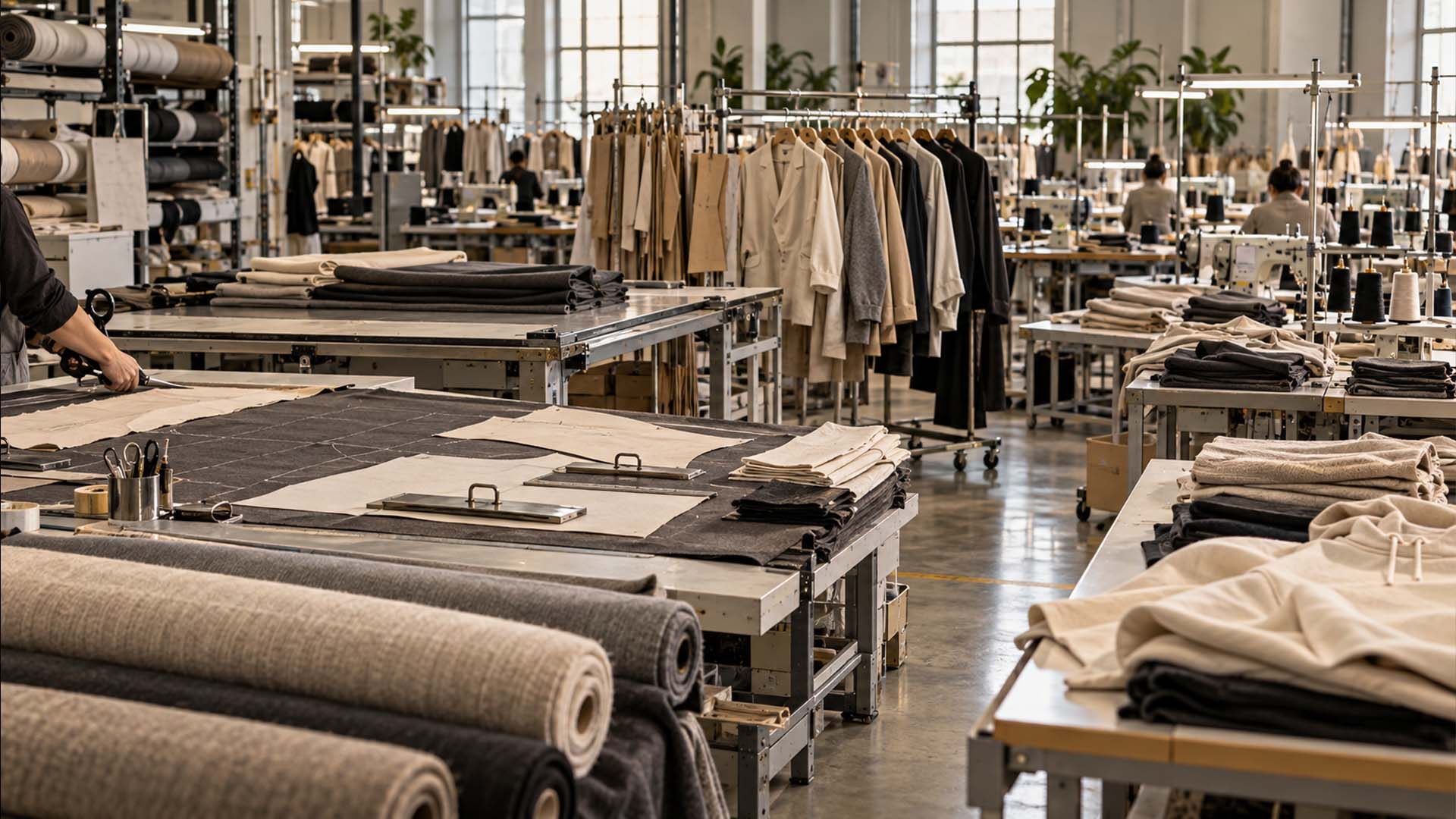 Garment manufacturing workflow showing fabric preparation, cutting, sewing and finished clothing inside a factory