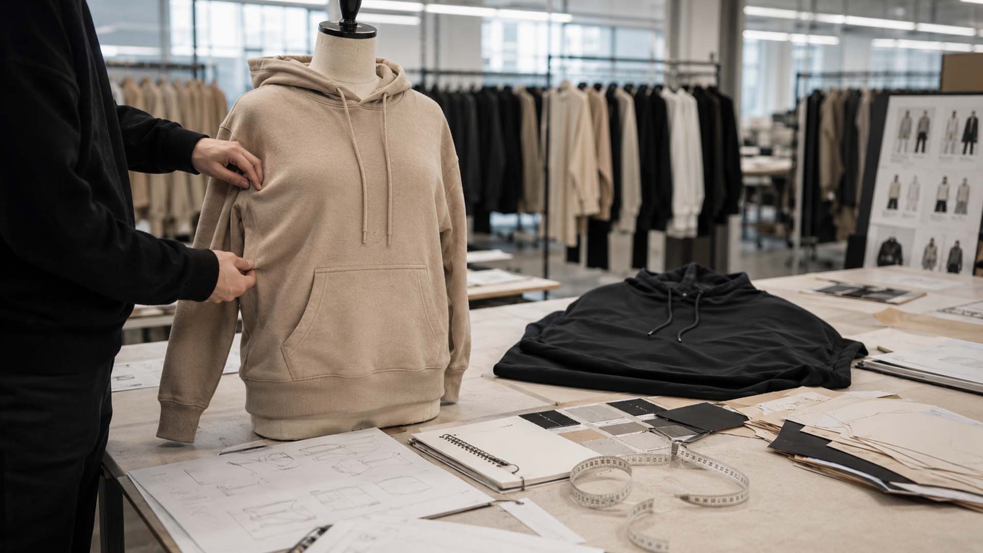 Hoodie sample development and fit review inside a professional garment sample room