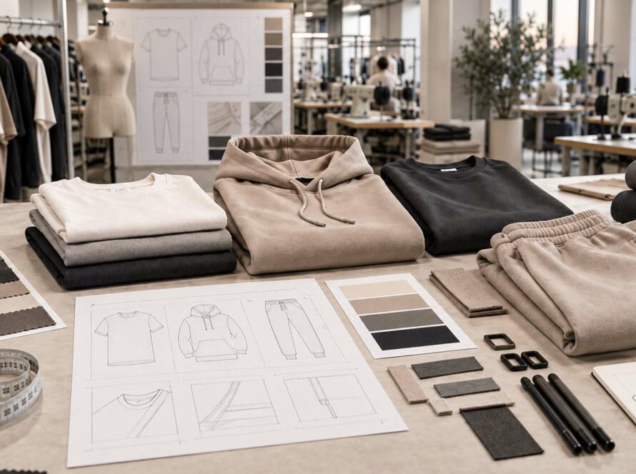 Alt text: Garment sampling preparation with prototype, tech pack, measurements and fabric swatches Caption: Clear technical information helps manufacturers create more accurate samples and reduces unnecessary development rounds.