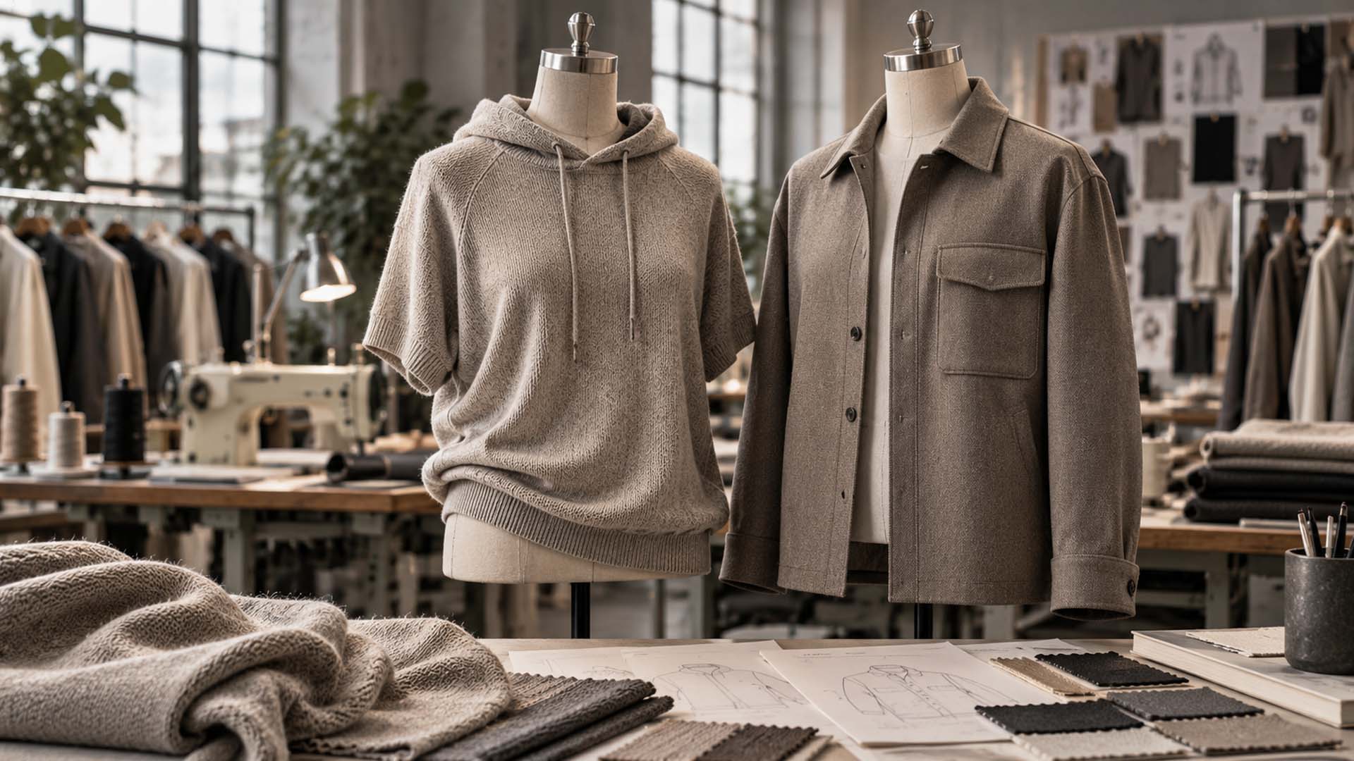 Knit hoodie and structured woven overshirt demonstrating the difference in garment drape and shape retention