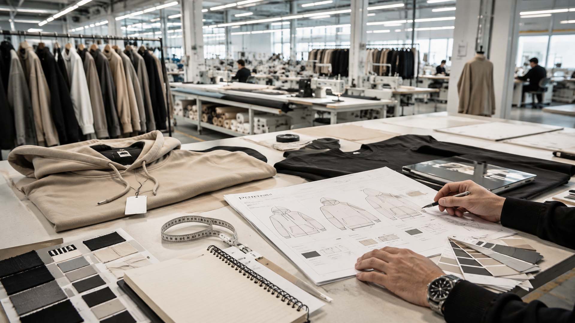 Startup clothing product development with tech pack and garment samples in a clothing factory